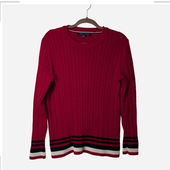 Pre-owned Tommy Hilfiger Red Sweater with Striped Hem - Picture 2 of 9